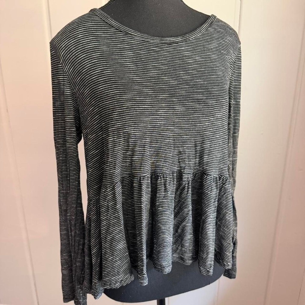 Karlie Black & white horizontal striped long sleeve top with ruffle hem